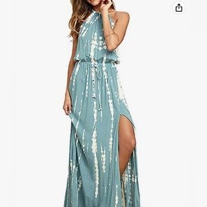 NEVER BEEN WN,SZ M Halter Backless Tie Drawstring Waist Tie Dye Split Maxi Dress
